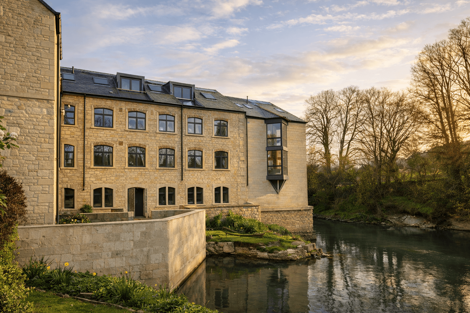 The restored mill at sunset — original walls on the left, a glazed lantern above the upper floor.