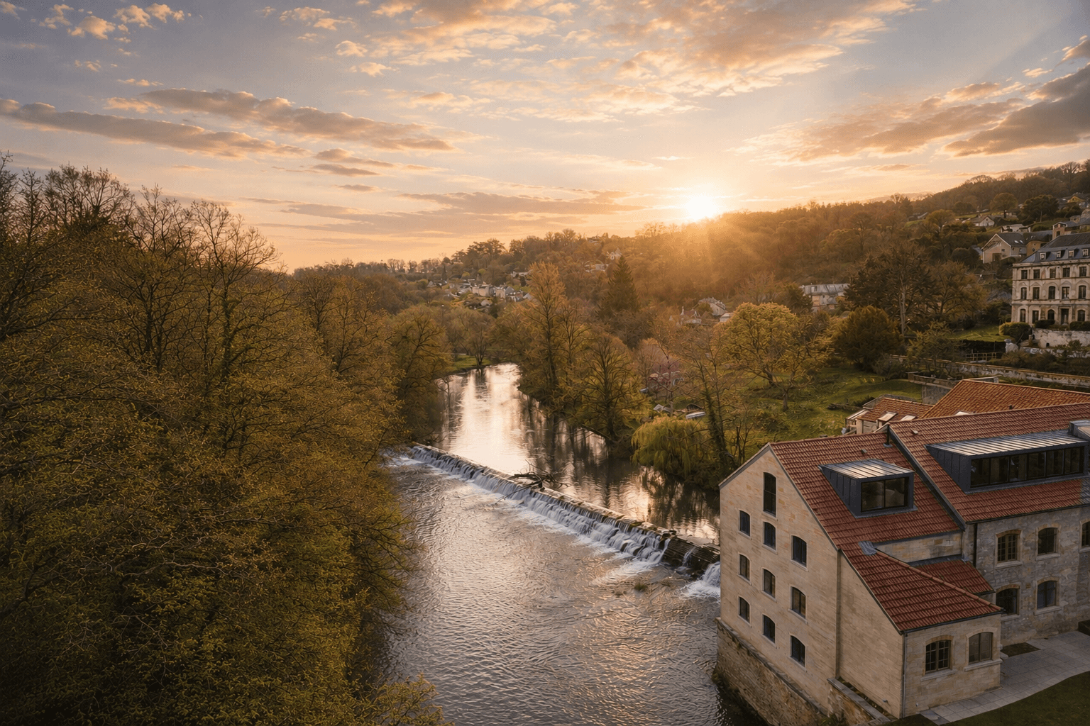 Avon Mill at golden hour — the restored mill beside the weir on the River Avon.