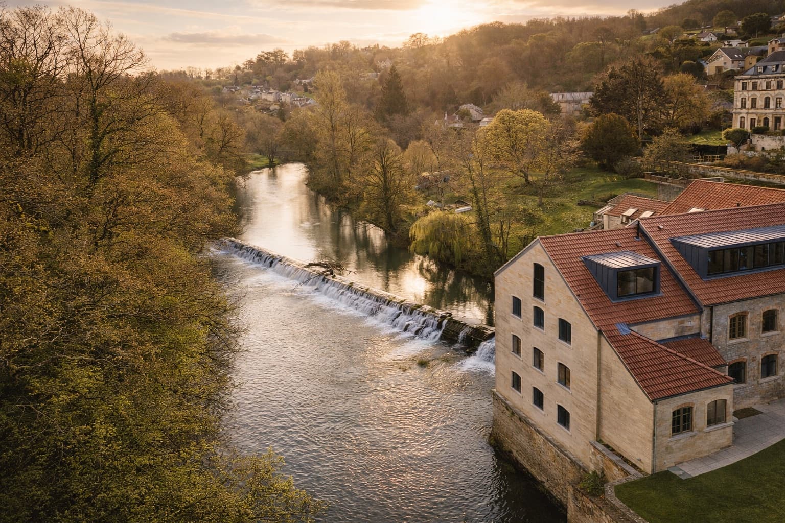 Avon Mill at golden hour — the restored mill beside the weir on the River Avon.